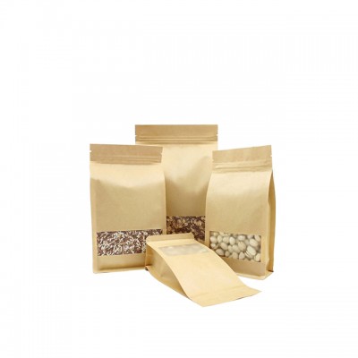 10*20+6cm Flat Bottom Food Coffee Packaging Stand up Ziplock Pouch/Brown Kraft Paper Bag with Clear Window and Zipper